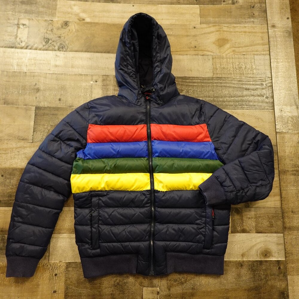 GAP ColdControl Max‎ Puffer Jacket Men’s Large Navy Stripe Hooded Primaloft